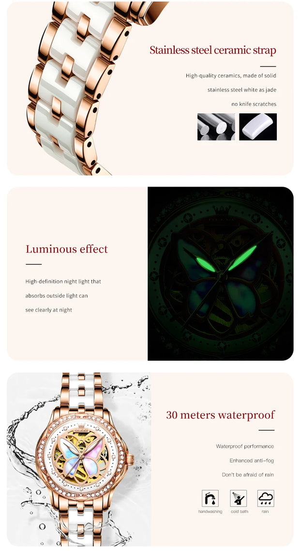 OLEVS Elegant Ladies Watch Butterfly Dial Design Waterproof Ceramic Strap Bracelet Set with Diamonds Ideal Gift