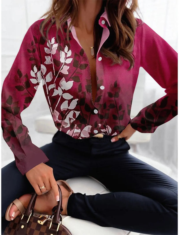 Casual Fashion Women's Button Top Texture Printed Shirt Long Sleeve Office Wear for Autumn 2024 Eye Catching Keep Short