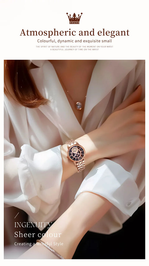 OLEVS 7036 Automatic Mechanical Wrist Watch for Women with Elegant Steel Strap Skeleton Starry Sky Diamond Bezel