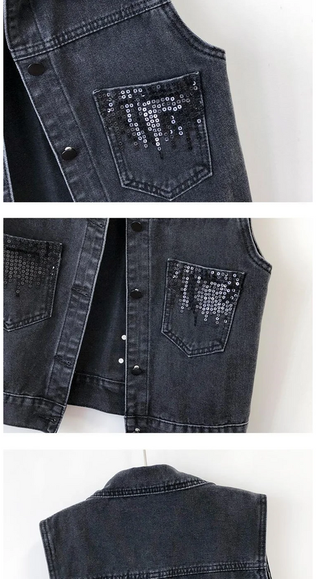 2024 Fashion Design Women's Denim Vest Sequins Waistcoat Korean Style Leeveless Jacket for Summer Autumn Season