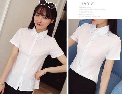 Fashion White Short Sleeve Women's Blouse Solid Tops for Autumn 2023 Ladies Work Shirt Eye Catching Basic Clothing