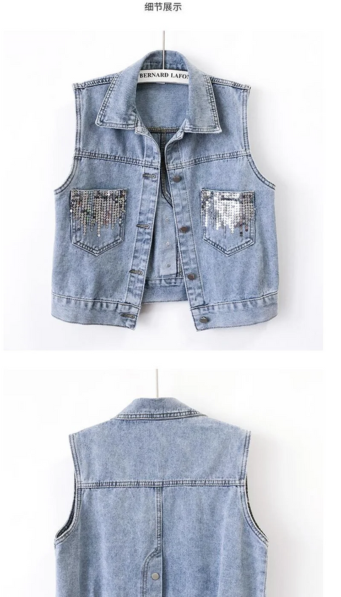 2024 Fashion Design Women's Denim Vest Sequins Waistcoat Korean Style Leeveless Jacket for Summer Autumn Season