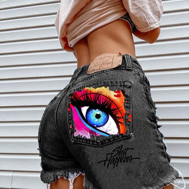 Denim Shorts for Women High Street Style with Red Lips Printed Jean Shorts Causal New Teeth Bite Bullet Pattern Summer Tassel Shorts