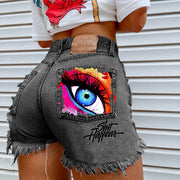 Denim Shorts for Women High Street Style with Red Lips Printed Jean Shorts Causal New Teeth Bite Bullet Pattern Summer Tassel Shorts