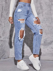 American Retro High-Waist Hole-Punched Women's Jeans Straight-Crotch Slim Fit Wide-Leg Design for High-Street Casual Wear