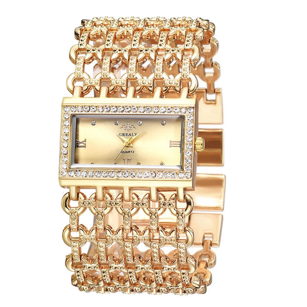 UTHAI W29 Women's Fashion Watch Luxury Light Square Diamond Quartz Ladies Gold Stainless Steel Bracelet