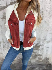 Autumn Winter Denim Patchwork Jacket for Women Casual Fashion V-Neck Long Sleeve Shoulder Rubbing Coat