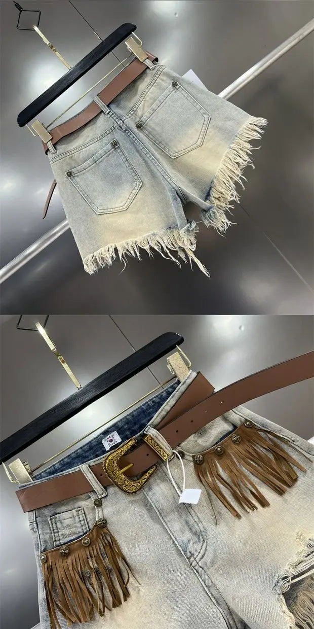 Hot girl fringe, frayed edge, ripped hole jeans, women's summer 2024 new retro slimming wide leg short pants