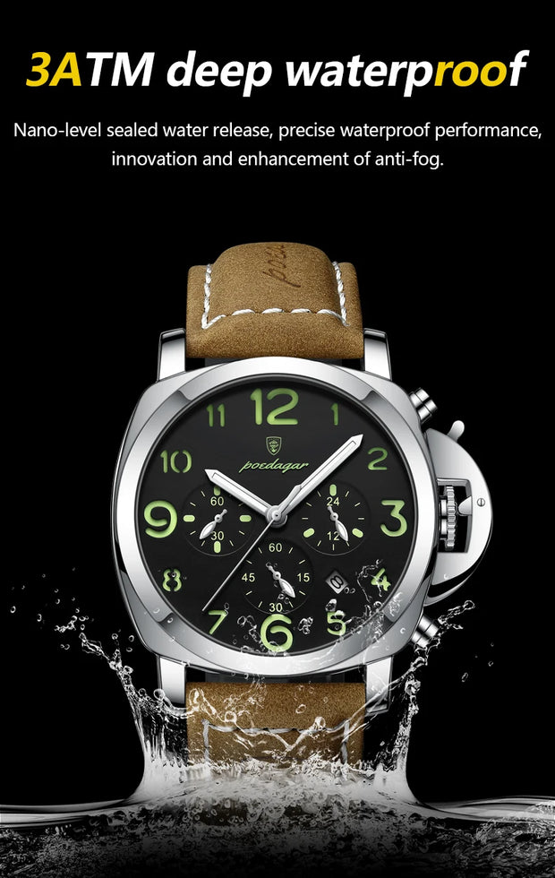 POEDAGAR Luxury Men's Quartz Watch Chronograph Waterproof Luminous Date Casual Leather Sports Military Wristwatch