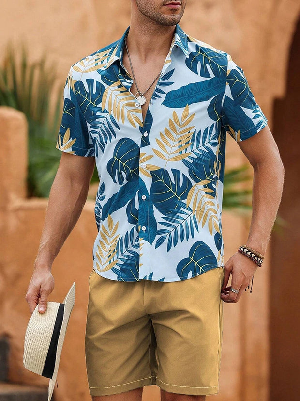 Casual Men's Short-Sleeved Shirt and Beach Shorts Set for Hawaiian Vacation Eye-Catching Design That Keeps Shorts Cool