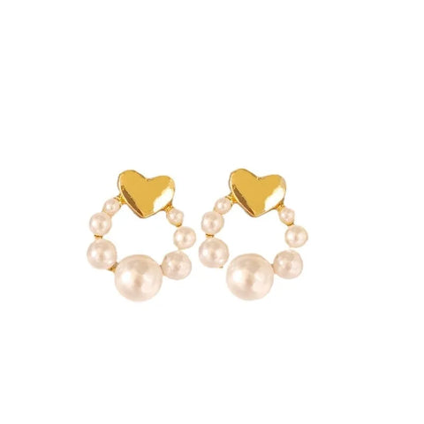 New Golden Heart Imitation Pearl Stud Earrings Women Personality Fashion Unique Design Earrings Wedding Jewelry Birthday Gift