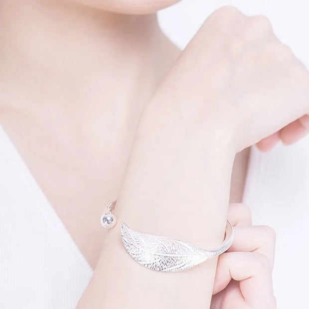 Fashion 925 Sterling Silver Woman Cuff Bracelet Open Leaf Shaped Adjustable Charm Bangle Bracelets Luxury Party Jewelry Gifts