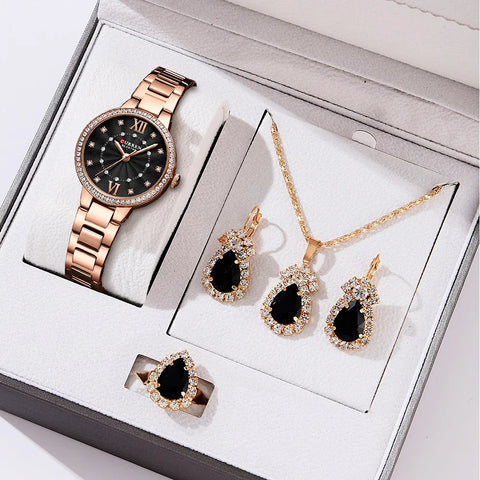 Luxury Stainless Steel Quartz Wristwatch for Women with Rhinestones Elegant Ladies Watch Gift Jewelry Set 5pcs