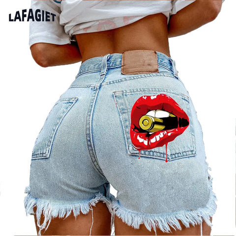 Denim Shorts for Women High Street Style with Red Lips Printed Jean Shorts Causal New Teeth Bite Bullet Pattern Summer Tassel Shorts