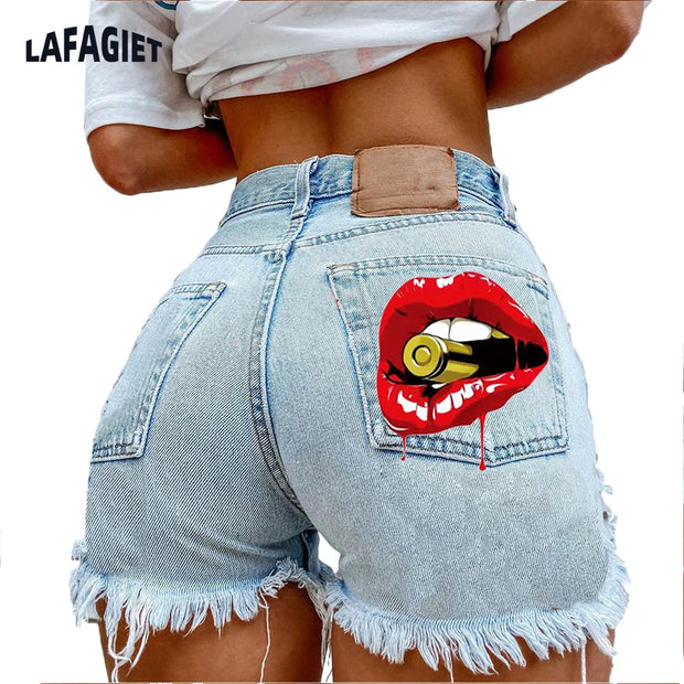 Denim Shorts for Women High Street Style with Red Lips Printed Jean Shorts Causal New Teeth Bite Bullet Pattern Summer Tassel Shorts