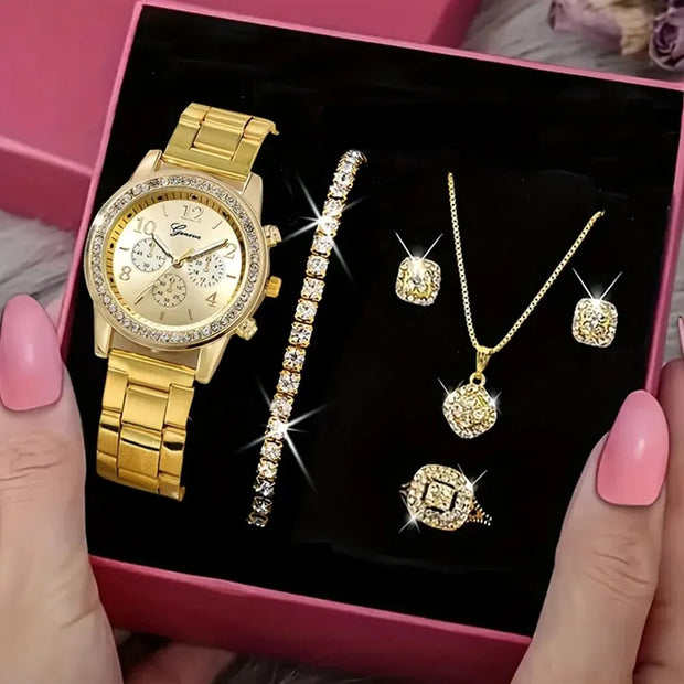 Gold Watch Women Luxury Set with Ring Necklace Earrings Rhinestone Fashion Wristwatch Female Casual Bracelet