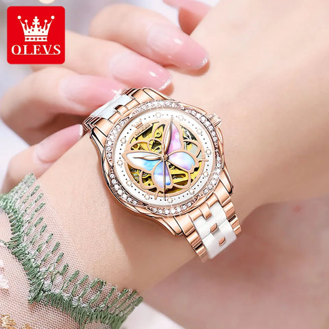 OLEVS Elegant Ladies Watch Butterfly Dial Design Waterproof Ceramic Strap Bracelet Set with Diamonds Ideal Gift