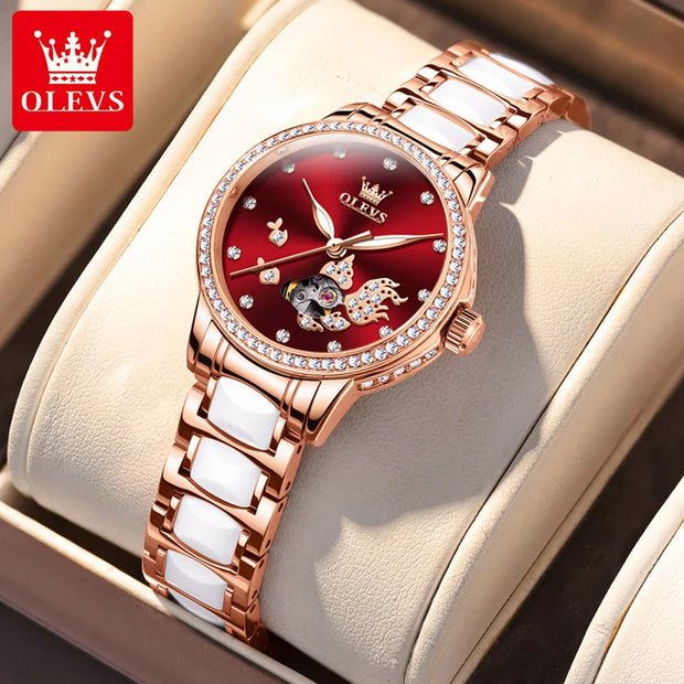 OLEVS Brand Women's Mechanical Watch Steel Strip Automatic Wristwatch Short and Eye-Catching