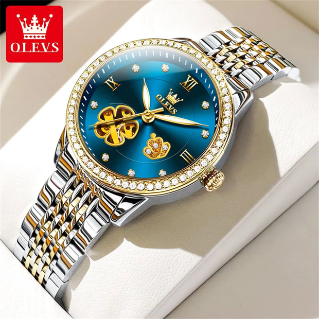 OLEVS 6706 Automatic Mechanical Wristwatch for Women Luxury Flower Diamond Dial Waterproof Ladies Hand Clock