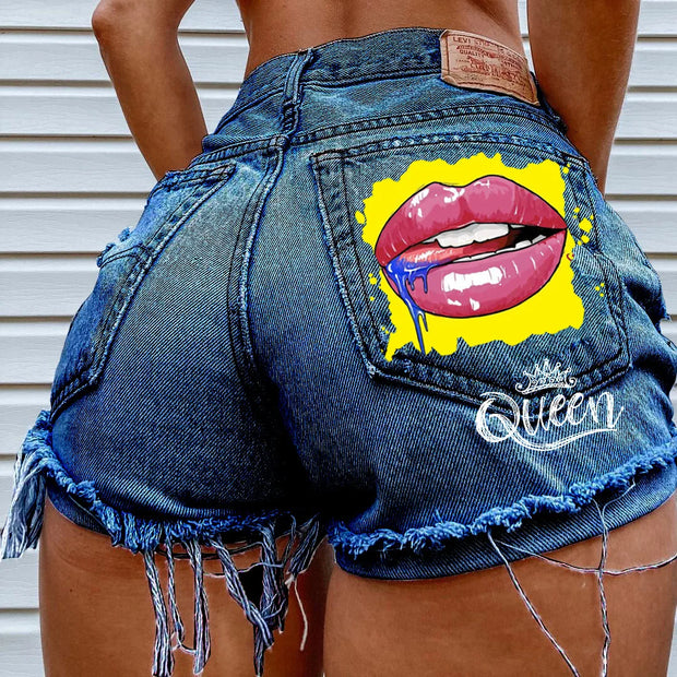 Denim Shorts for Women High Street Style with Red Lips Printed Jean Shorts Causal New Teeth Bite Bullet Pattern Summer Tassel Shorts