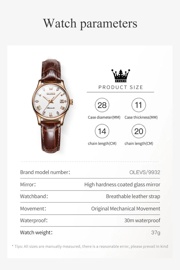 OLEVS Brand Women's Mechanical Watch with Simple Leather Strap Calendar Fully Automatic 9932 Model