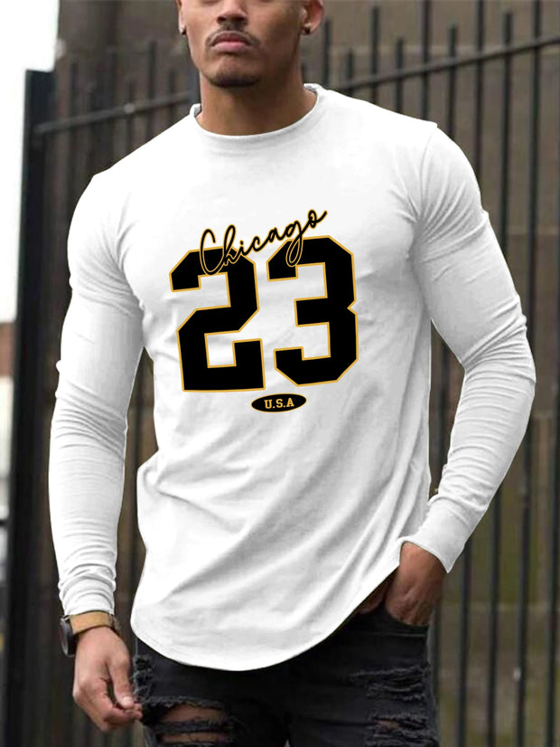 Men's Long-Sleeved T-Shirt Casual Round Neck Printed Top Versatile Fashion Summer Clothing