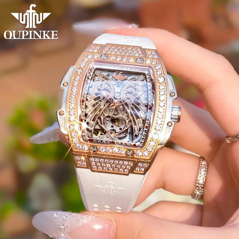 OUPINKE 3225 Luxury Business Mechanical Watch for Women Hollow Diamond Silicone Strap Waterproof Fashion Dress Clock