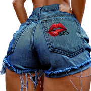 Denim Shorts for Women High Street Style with Red Lips Printed Jean Shorts Causal New Teeth Bite Bullet Pattern Summer Tassel Shorts