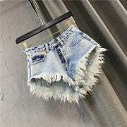 Single Breasted A-line Denim Wide Leg Shorts for Women's Summer High Waisted Fringed Fur Edge Washed Jeans Shorts