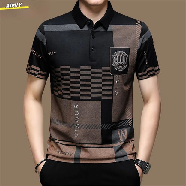 Casual Business Men's Polo Shirt Short Sleeves Summer Pattern Print Button-up Loose Fashion Tops