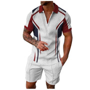 Contrast Color Men's Hawaii 3D Printed Polo Shirt and Shorts Set Casual Zip Up Top with Short Sleeves for Summer Fashion