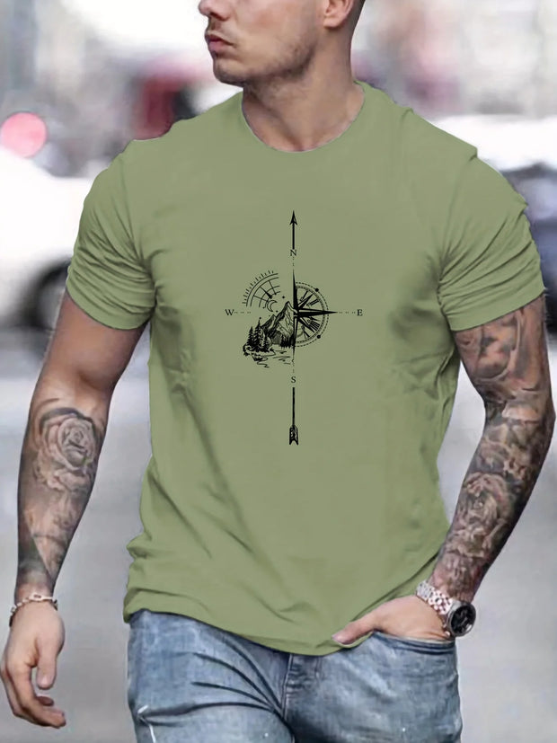 Men's Summer Casual Loose Size 100% Cotton Mountain Compass Pattern Print Round Neck Short Sleeve T-shirt Top