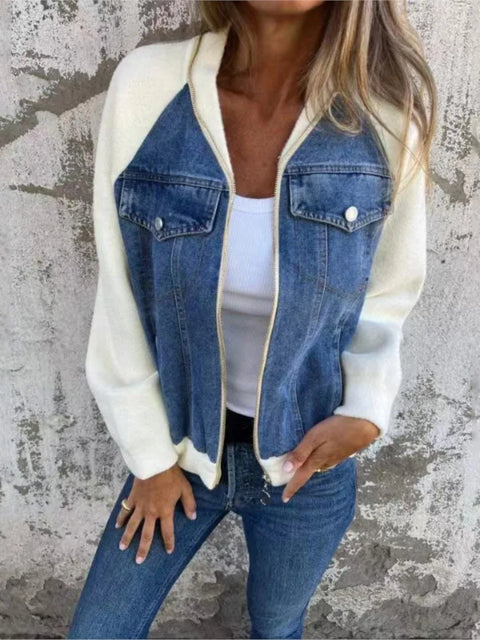 Autumn Winter Denim Patchwork Jacket for Women Casual Fashion V-Neck Long Sleeve Shoulder Rubbing Coat