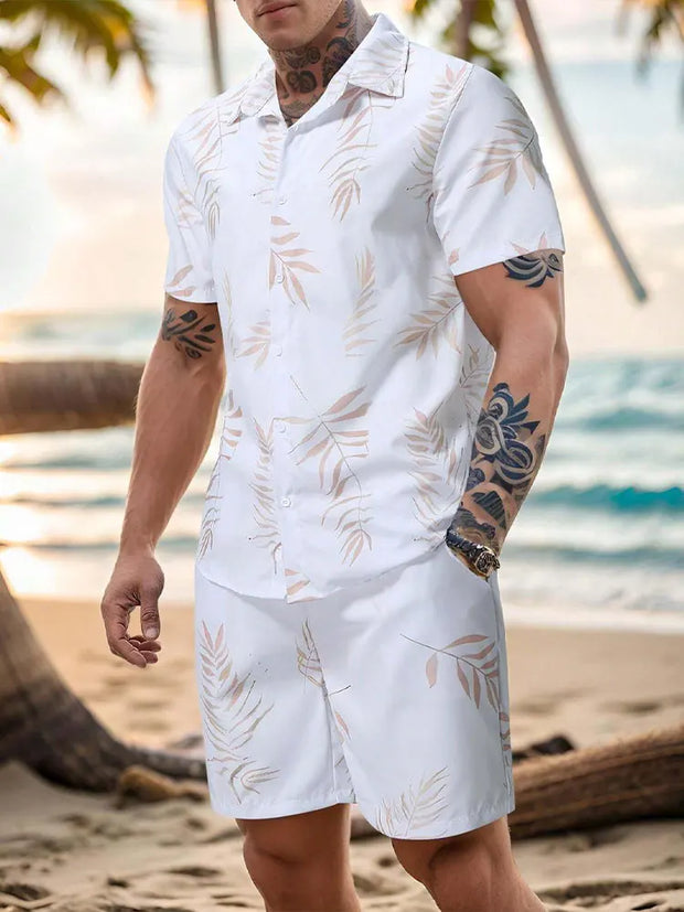 New Palm Leaf Print Men's Casual Shirt Hawaiian Men's Beach Shorts Summer Everyday Short-sleeved Shirt And Sports Shorts Set