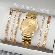 Fashionable Women's Quartz Watch 6PCS Set with Gold Steel Band Unisex Bracelets Style for Casual and Business Wear