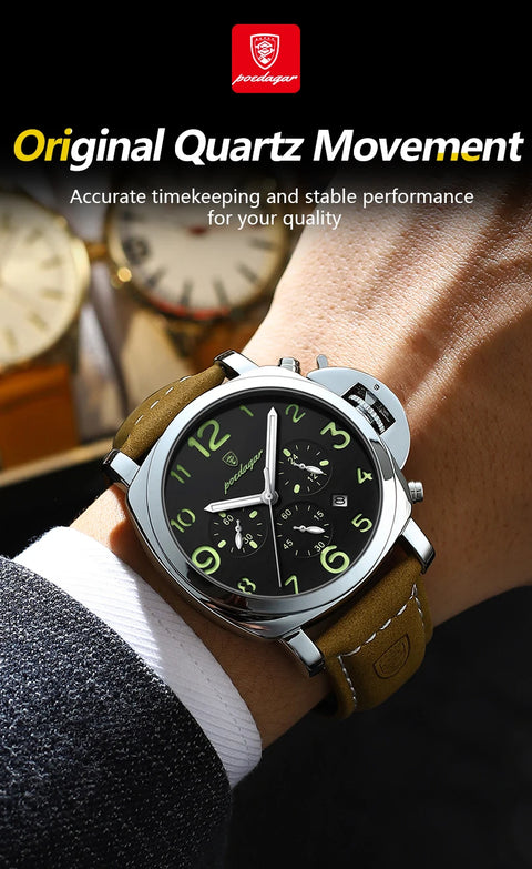 POEDAGAR Luxury Men's Quartz Watch Chronograph Waterproof Luminous Date Casual Leather Sports Military Wristwatch