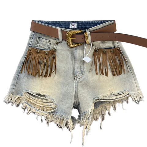 Hot girl fringe, frayed edge, ripped hole jeans, women's summer 2024 new retro slimming wide leg short pants