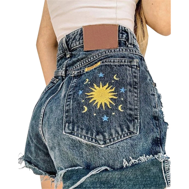 Denim Shorts for Women High Street Style with Red Lips Printed Jean Shorts Causal New Teeth Bite Bullet Pattern Summer Tassel Shorts