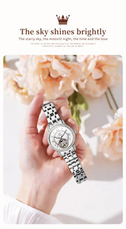 OLEVS 7036 Automatic Mechanical Wrist Watch for Women with Elegant Steel Strap Skeleton Starry Sky Diamond Bezel