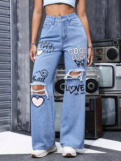 Chic Ripped Jeans for Women Fashion Casual High Waist Button Up Butterfly Print Straight Pants Perfect for Spring Summer 2024