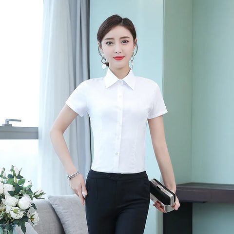 Fashion White Short Sleeve Women's Blouse Solid Tops for Autumn 2023 Ladies Work Shirt Eye Catching Basic Clothing