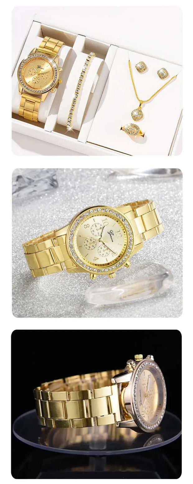 Gold Watch Women Luxury Set with Ring Necklace Earrings Rhinestone Fashion Wristwatch Female Casual Bracelet