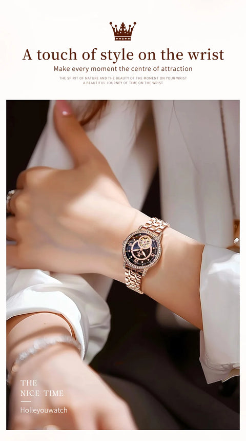 OLEVS 7036 Automatic Mechanical Wrist Watch for Women with Elegant Steel Strap Skeleton Starry Sky Diamond Bezel