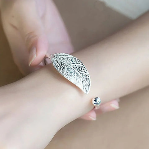 Fashion 925 Sterling Silver Woman Cuff Bracelet Open Leaf Shaped Adjustable Charm Bangle Bracelets Luxury Party Jewelry Gifts