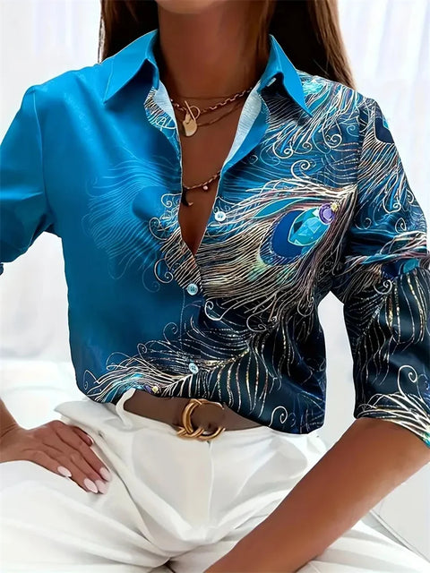 Casual Fashion Women's Button Top Texture Printed Shirt Long Sleeve Office Wear for Autumn 2024 Eye Catching Keep Short