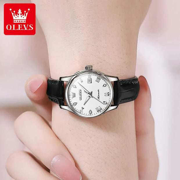 OLEVS Brand Women's Mechanical Watch with Simple Leather Strap Calendar Fully Automatic 9932 Model