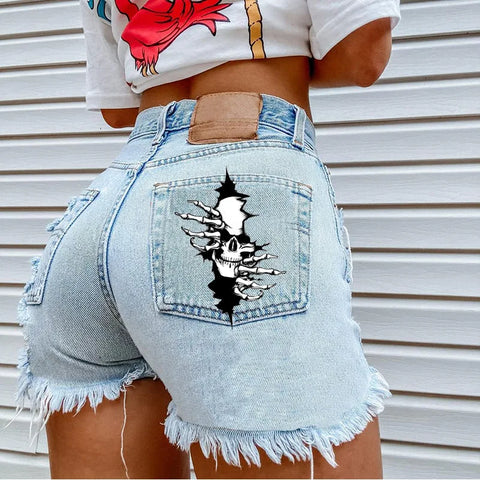 Denim Shorts for Women High Street Style with Red Lips Printed Jean Shorts Causal New Teeth Bite Bullet Pattern Summer Tassel Shorts