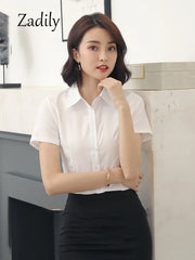 Summer Women's Office Lady Button Up White Slim Fit Basic Shirt Minimalist Short Sleeve Work Top for Women Clothing