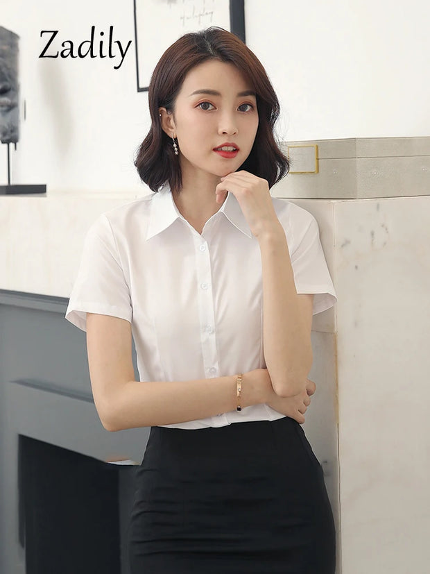 Summer Women's Office Lady Button Up White Slim Fit Basic Shirt Minimalist Short Sleeve Work Top for Women Clothing