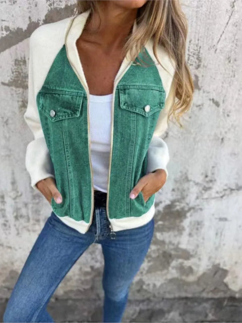 Autumn Winter Denim Patchwork Jacket for Women Casual Fashion V-Neck Long Sleeve Shoulder Rubbing Coat